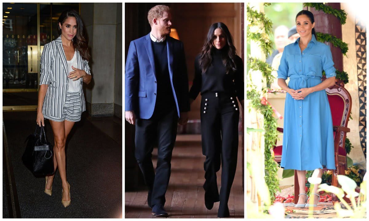 Meghan Markle wearing a striped short suit, pants, and shirt dress by Veronica Beard