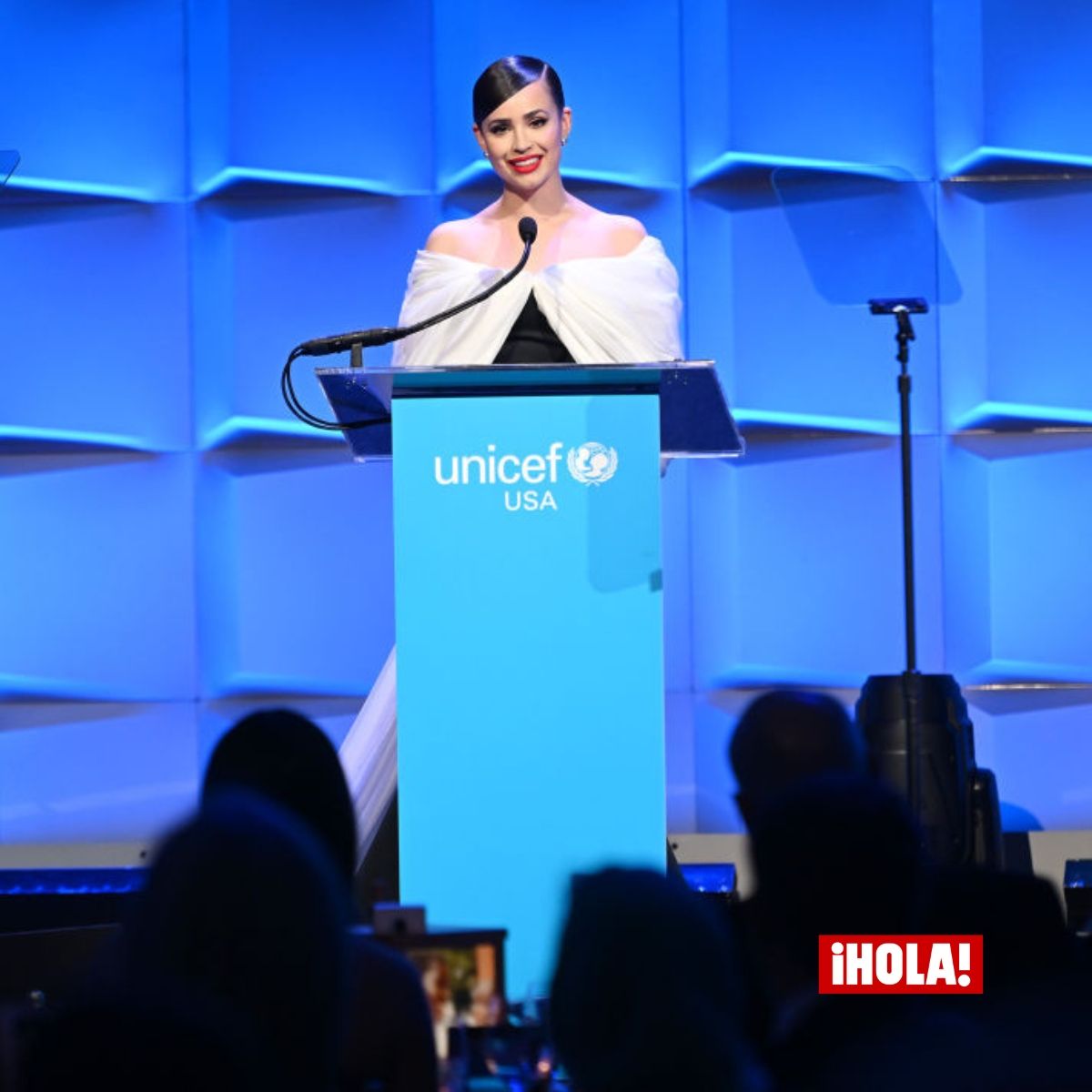 Sofia Carson speaks onstage during The UNICEF Gala at Cipriani Wall St. on November 28, 2023 in New York City.