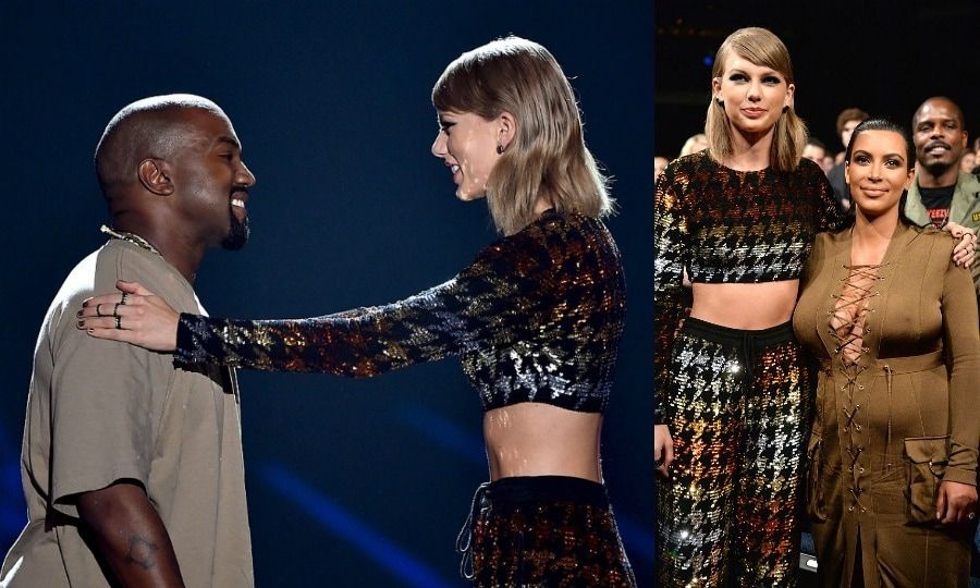<b>August 2015</b>
<br>
Kanye and Taylor returned to the scene of the crime the MTV VMAs where the <i>Style</i> artist presented Kim's husband with the Video Vanguard Award. She wrapped the introduction saying, "All the other winners, I'm really happy for you, I'm going to let you finish, but Kanye West has had one of the greatest careers of all time."
</br><br>
Kim Kardashian hung out with Taylor in the audience looking like a regular member of the singer's star-studded squad.
</br><br>
Photo: Getty Images For MTV/WireImage