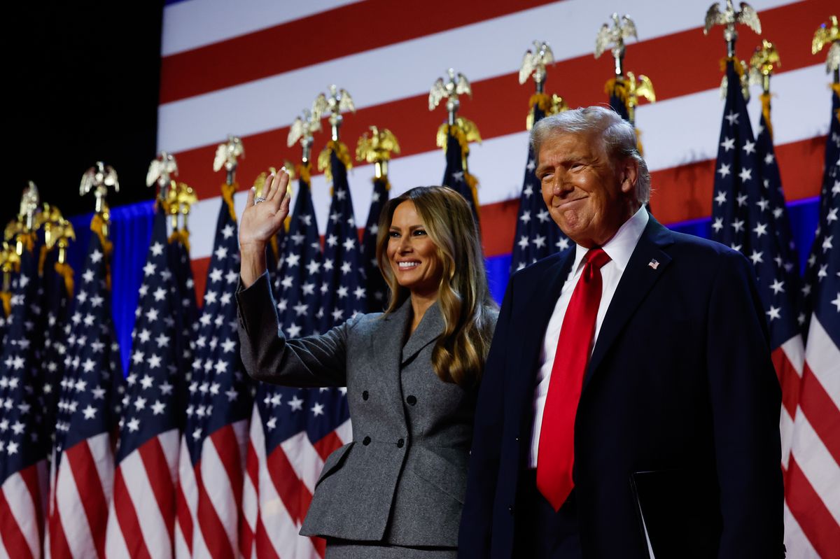 WEST PALM BEACH, FLORIDA - NOVEMBER 06:  Republican presidential nominee, former U.S. President Donald Trump arrives to speak with former first lady Melania Trump during an election night event at the Palm Beach Convention Center on November 06, 2024 in West Palm Beach, Florida. Americans cast their ballots today in the presidential race between Republican nominee former President Donald Trump and Vice President Kamala Harris, as well as multiple state elections that will determine the balance of power in Congress.   (Photo by Chip Somodevilla/Getty Images)