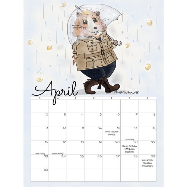 Add a dose of royalty to every day of the year with this calendar from Christine Frazier. The creator of The Royal Hamster cartoon, who issues regular installments on Twitter, was inspired to put her artistic talents to work when Kate revealed that George and Charlotte have a pet hamster named Marvin. "[Princess] Charlotte really likes the hamster because the whiskers always tickle her face," Kate said. The illustrated version typically dons outfits worn by the Duchess.
The Royal Hamster 2017 Calendar, $20, for pre-order at theroyalhamster.com