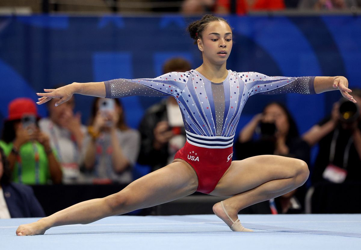 Hezly Rivera competes on the floor exercise on Day Four of the 2024 U.S. Olympic Team Gymnastics Trials at Target Center on June 30, 2024, in Minneapolis, Minnesota. 