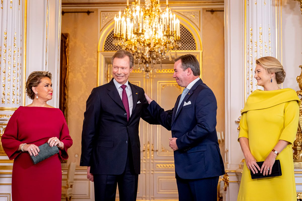 LUXEMBOURG, LUXEMBOURG - OCTOBER 8: Grand Duchess Maria Teresa of Luxembourg, Grand Duke Henri of Luxemburg, Hereditary Grand Duke Guillaume of Luxembourg and Hereditary Grand Duchess Stephanie of Luxembourg during the inauguration ceremony of Hereditary Grand Duke Guillaume as  Lieutenant Representative of Luxembourg on October 8, 2024 in Luxembourg, Luxembourg. (Photo by Patrick van Katwijk/WireImage)