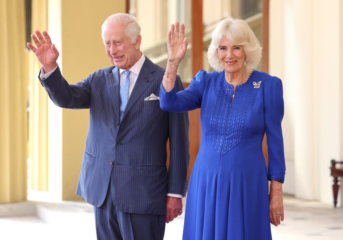 LONDON, ENGLAND - JUNE 27: King Charles III and Queen Camilla smile and wave as they formally bid farewell to Emperor Naruhito and Empress Masako of Japan on the final day of their state visit to the United Kingdom at Buckingham Palace on June 27, 2024 in London, England. (Photo by Chris Jackson/Getty Images)