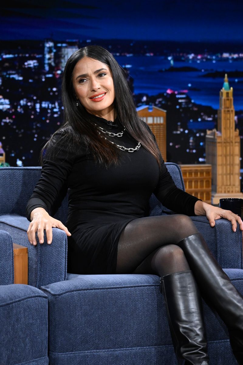 THE TONIGHT SHOW STARRING JIMMY FALLON -- Episode 2043 -- Pictured: Actress Salma Hayek Pinault during an interview on Wednesday, October 30, 2024 -- (Photo by: Todd Owyoung/NBC via Getty Images)