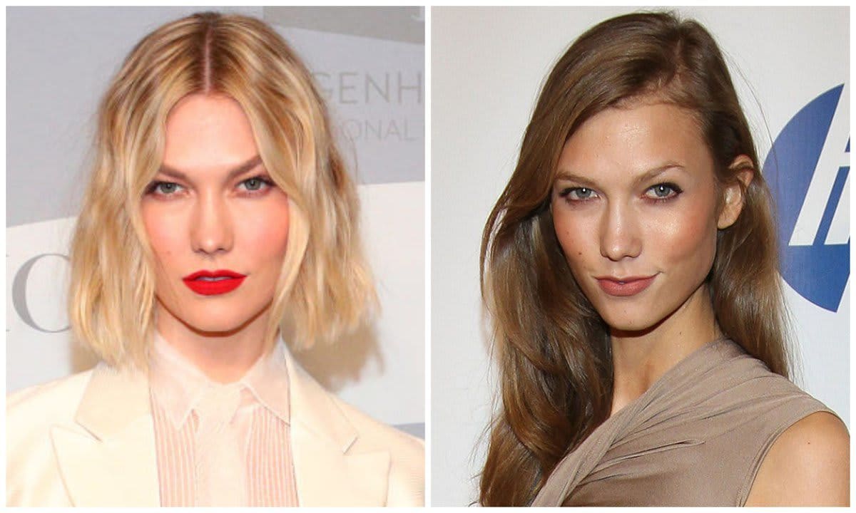 Karlie Kloss with short blond hair on the left and light brown tresses on the right