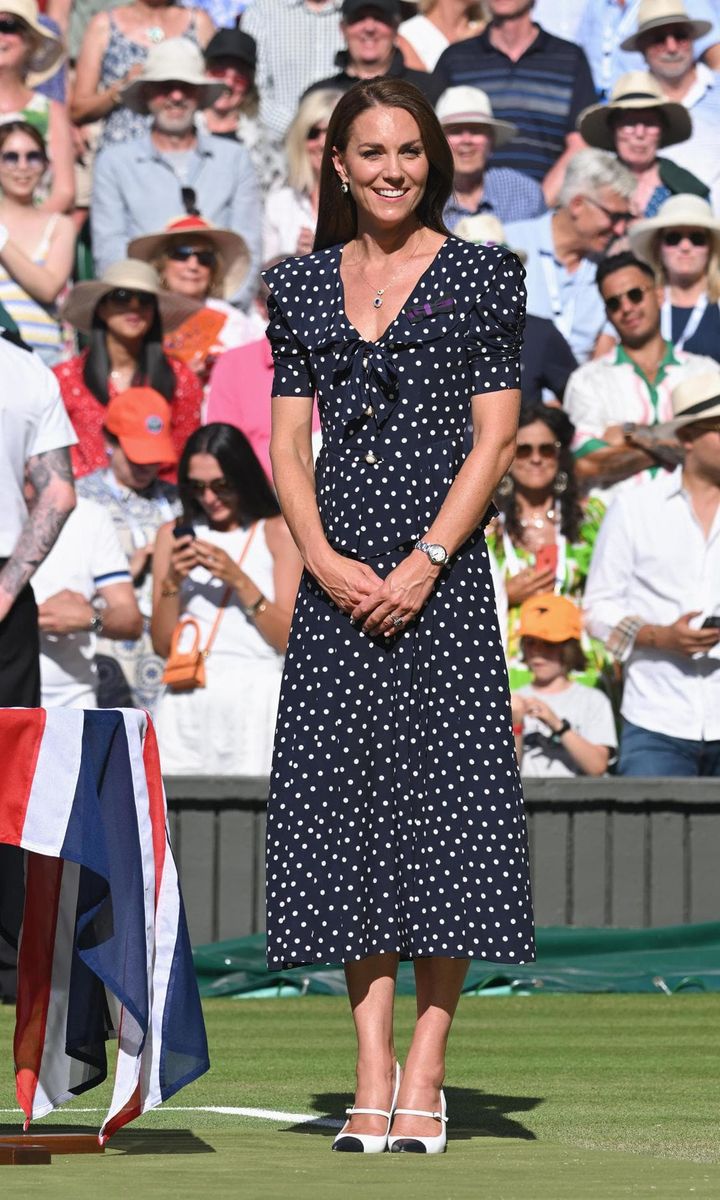 Catherine, who is patron of the All England Lawn Tennis and Croquet Club, looked pretty in polka dots wearing Alessandra Rich to Wimbledon wearing Alessandra Rich.