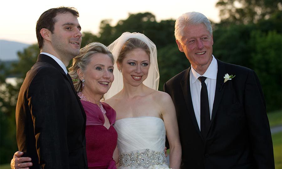 Chelsea looked beautiful in a strapless silk organza gown, featuring a draped bodice and an embellished belt, created for her by coveted designer, and wedding guest, Vera Wang.
Photo: FilmMagic