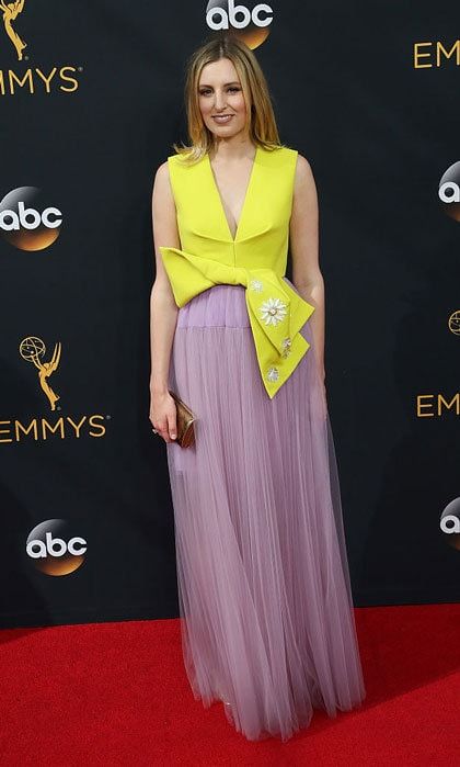 <i>Downton Abbey</i> actress Laura Carmichael attended the 68th annual Emmy Awards wearing a Delpozo dress that featured a yellow corset and lilac tulle skirt.
Photo: David Livingston/Getty Images