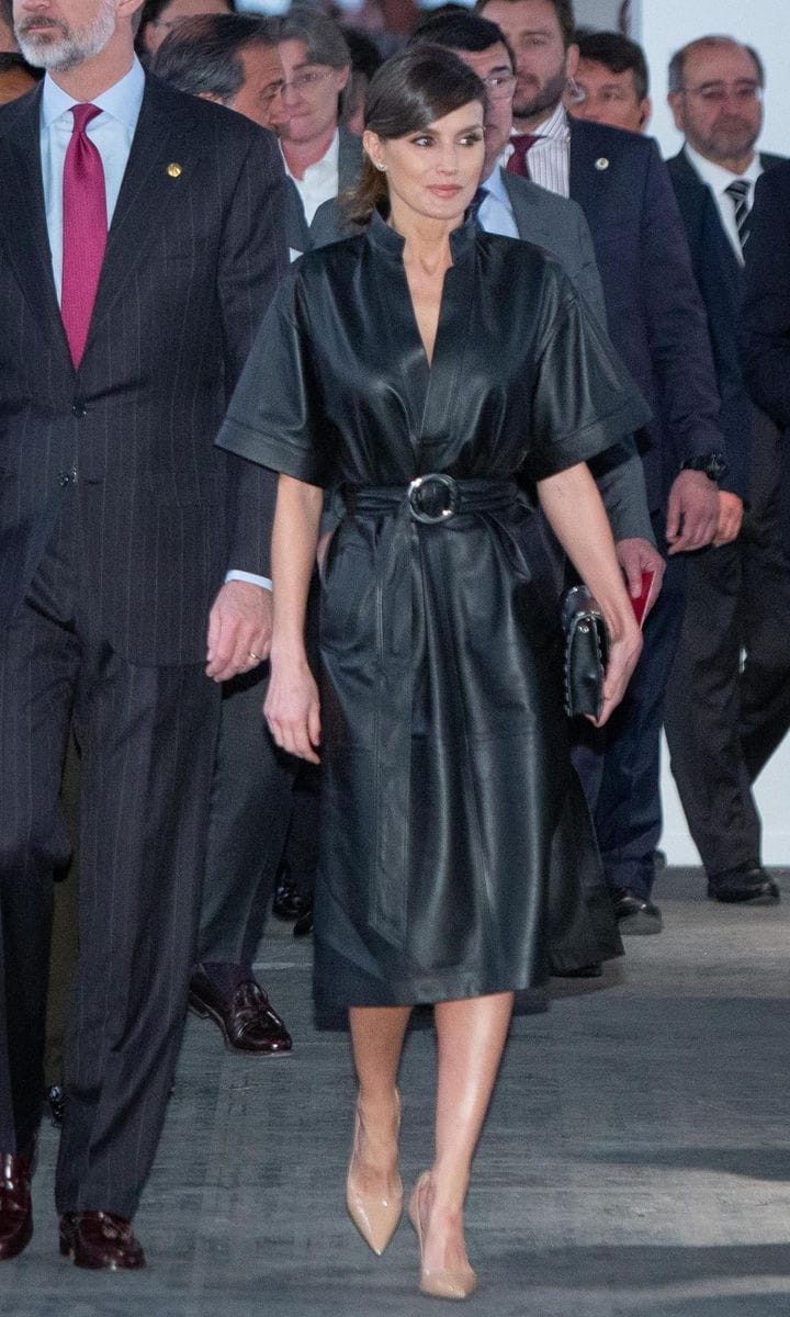 Queen Letizia in black leather dress