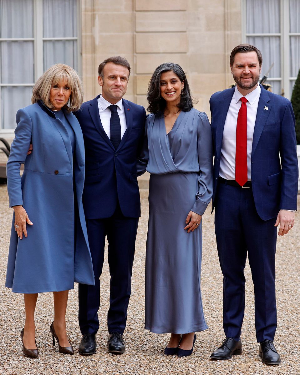 French President Emmanuel Macron and his wife Brigitte Macron welcome US Vice President JD Vance and his wife Usha Vance