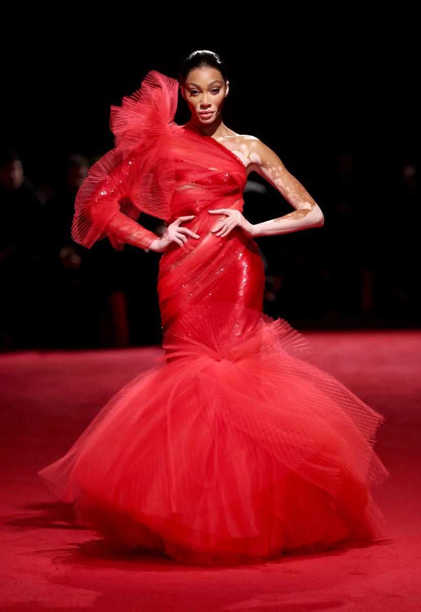 Winnie Harlow walks the runway wearing Christian Siriano Fall/Winter 2025 at Chelsea Industrial on February 06, 2025 in New York City.