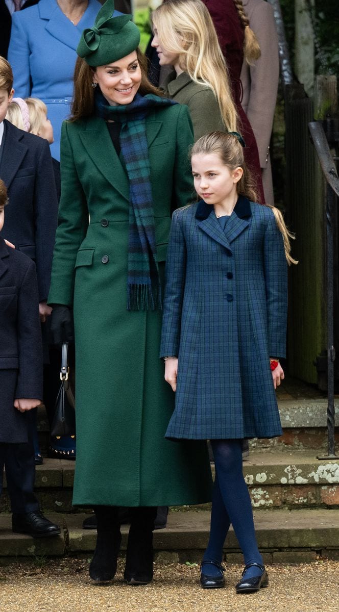 SANDRINGHAM, NORFOLK - DECEMBER 25: Catherine, Princess of Wales and Princess Charlotte of Wales attend the Christmas Morning Service at Sandringham Church on December 25, 2024 in Sandringham, Norfolk. (Photo by Samir Hussein/WireImage)