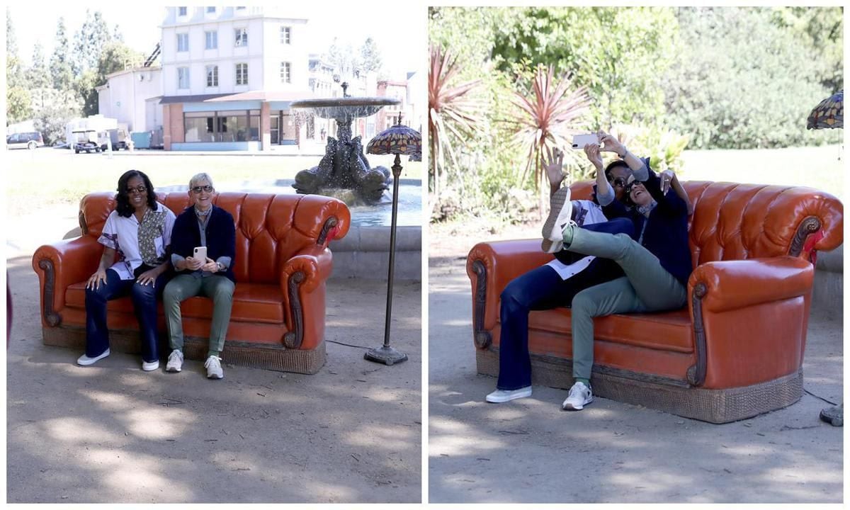 Michelle Obama and Ellen DeGeneres driving around the Warner Bros. lot in a golf cart