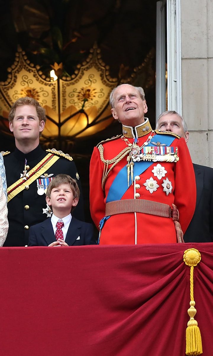 Philip stood beside his youngest grandchild, James, Viscount Severn, as they watched the RAF flypast over Buckingham Palace in 2015.