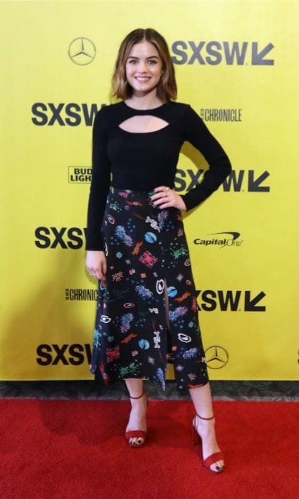 Lucy Hale looked out of this world while rocking a space skirt on the carpet to the premiere of <i>The Unicorn</i> on March 10.
Photo: Diego Donamaria/Getty Images for SXSW