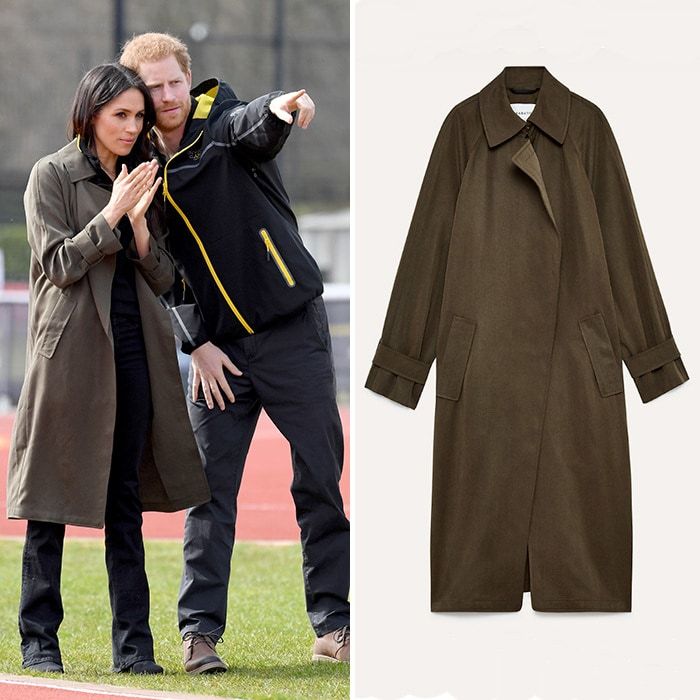 On April 6, Prince Harry and Meghan visited Bath, England, attending the UK team trials for the Invictus Games at the University of Bath Sports Training Village. Bride-to-be Meghan wore a $245 machine washable trench coat by Babaton for Aritzia, a black Invictus Games polo and dark boot cut jeans by Mother Denim.
Photos: Getty Images, aritzia.com