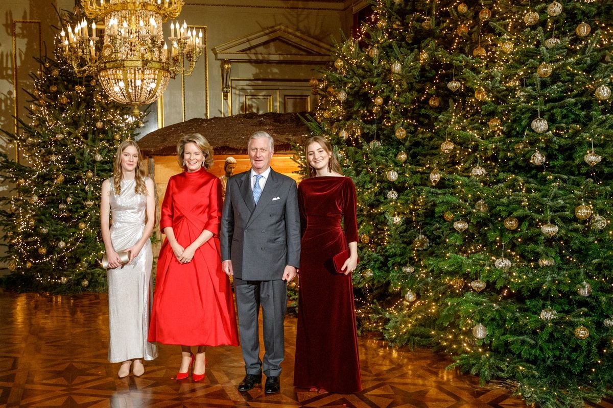 Belgium's Princess Eleonore, Queen Mathilde of Belgium, King Philippe - Filip of Belgium and Belgium's Crown Princess Elisabeth pose during the yearly Christmas Concert at the Royal Palace in Brussels, on December 18, 2024. (Photo by HATIM KAGHAT / Belga / AFP) / Belgium OUT (Photo by HATIM KAGHAT/Belga/AFP via Getty Images)