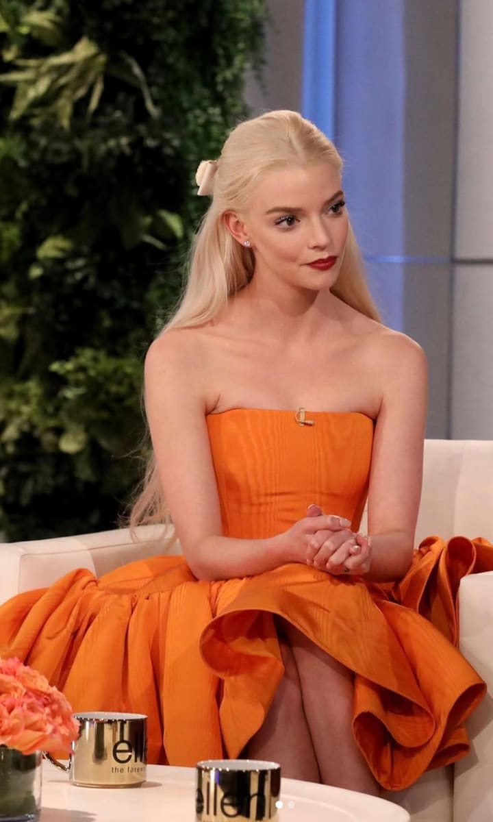 Anya Taylor-Joy wearing an Oscar de la Renta dress at the Ellen show