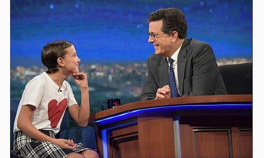 For her appearance on <I>The Late Show With Stephen Colbert</I>, Millie wore a Burberry skirt and heart t-shirt, winning the hearts of fashion fans everywhere.
Photo: Getty Images