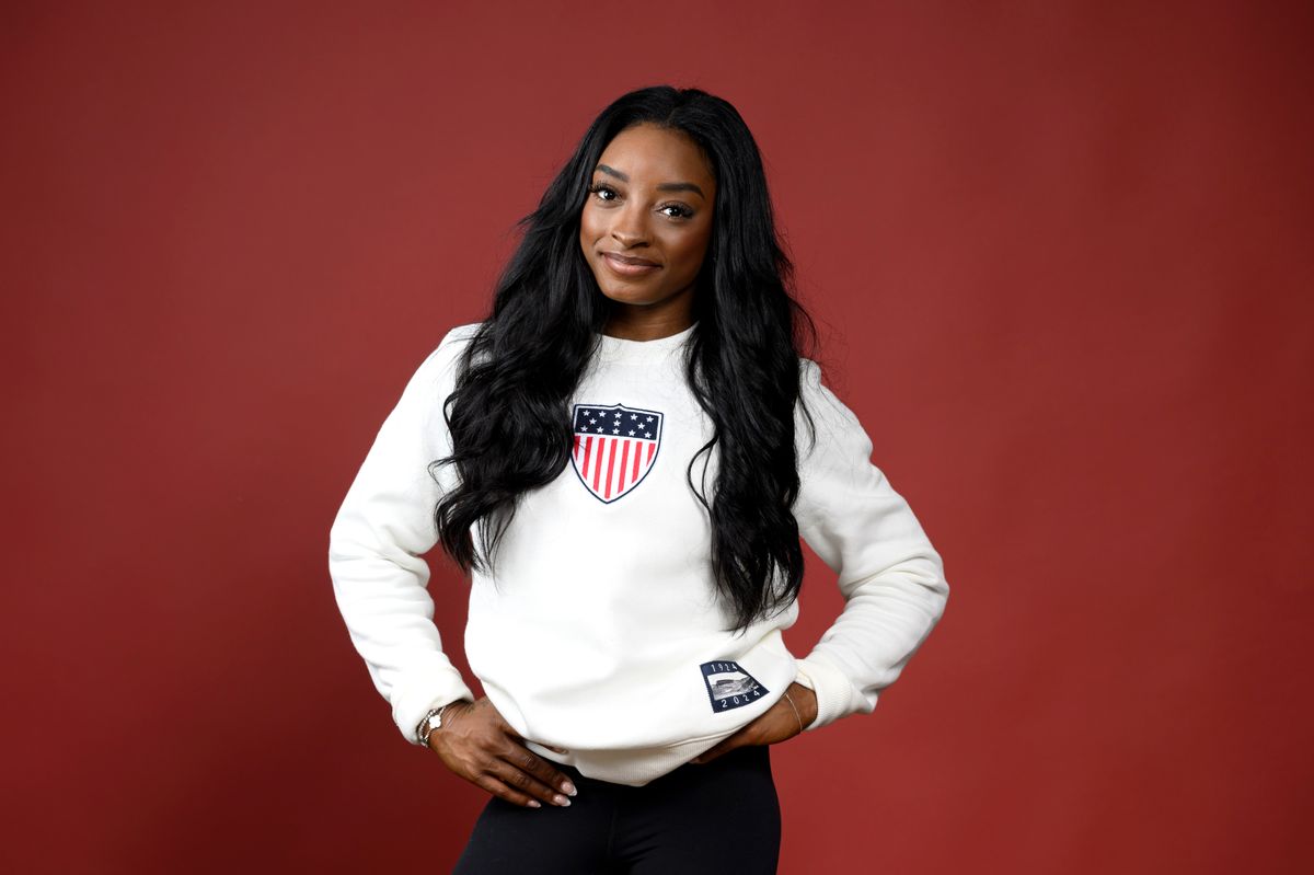 Olympian Simone Biles of Team United States poses on the Today Show Set on August 06, 2024 in Paris, France. (Photo by Kristy Sparow/Getty Images)