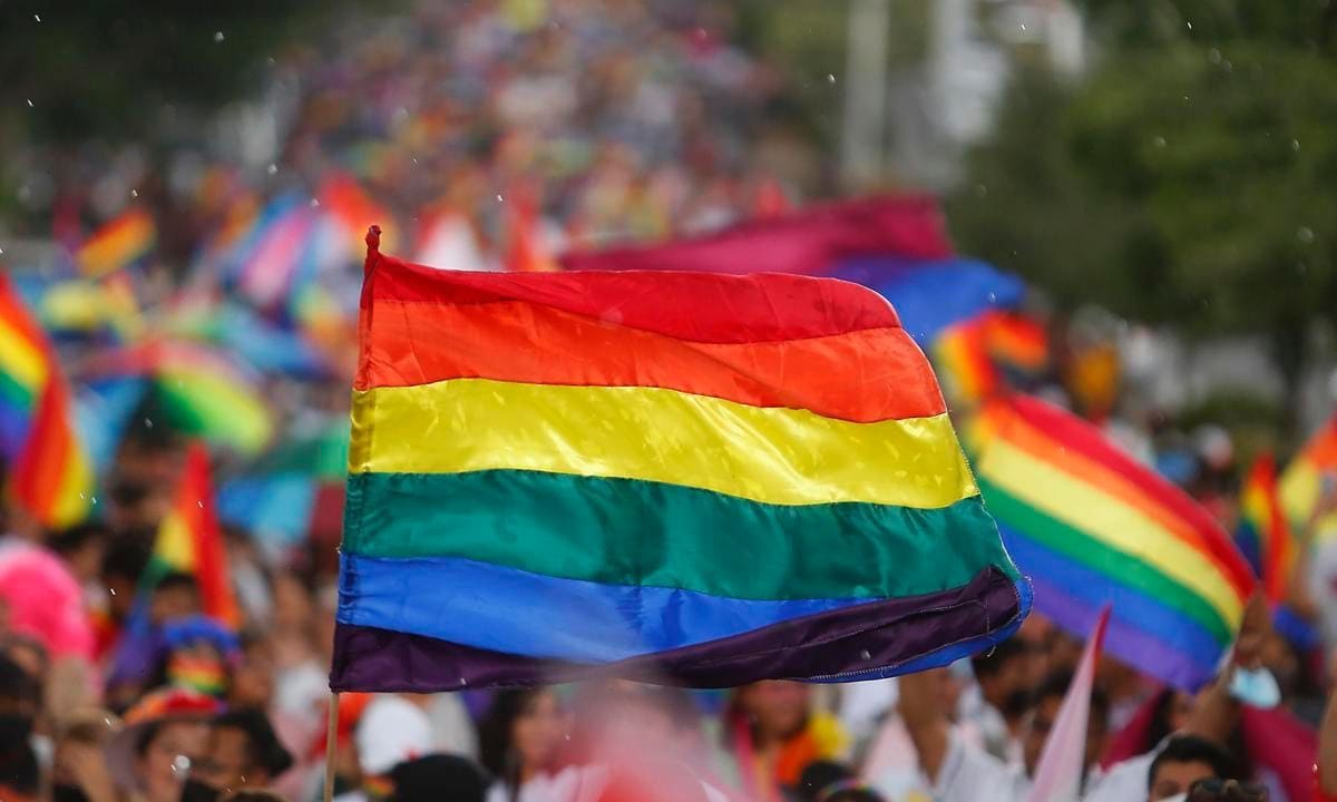 A participant waves a rainbow flag during a Gay Pride Parade