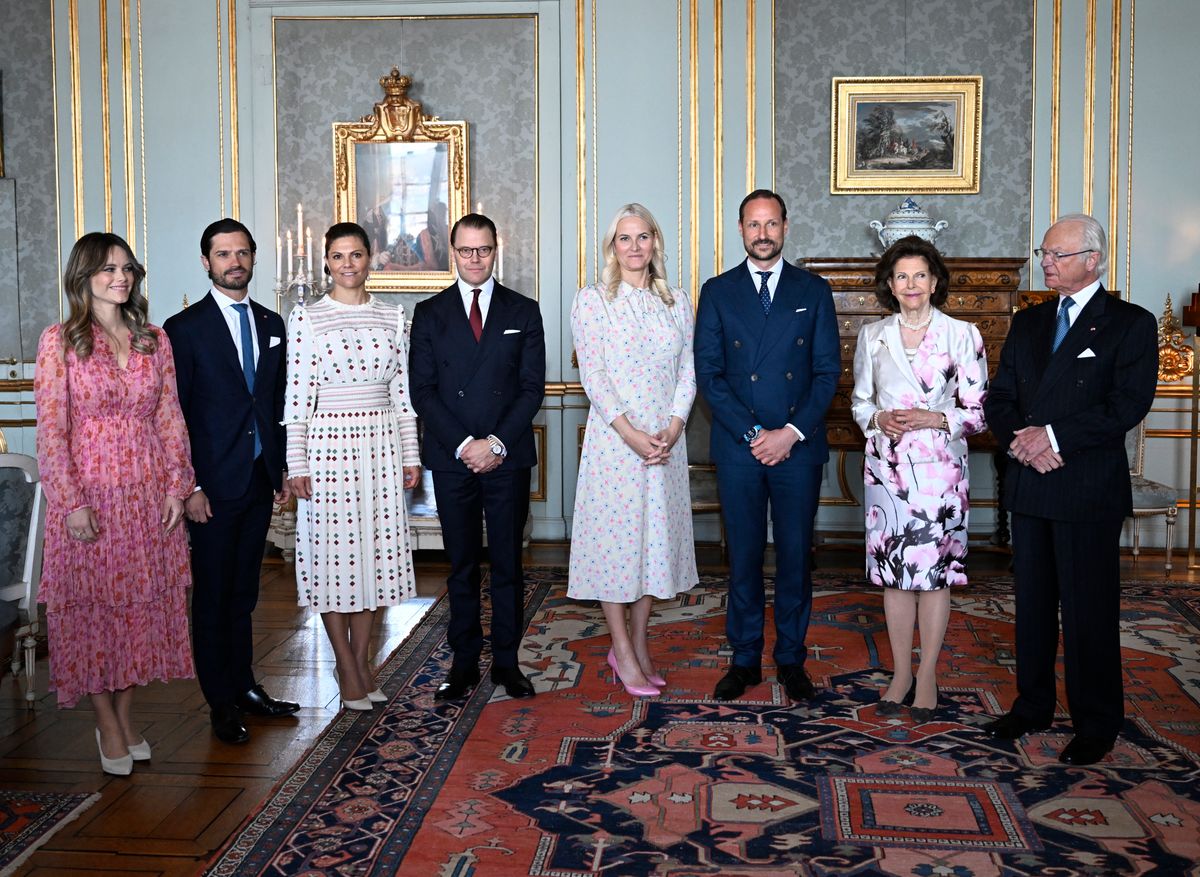 (LR) Princess Sofia of Sweden, Prince Carl Philip of Sweden, Crown Princess Victoria of Sweden, Prince Daniel of Sweden, Crown Princess Mette-Marit of Norway, Crown Prince Haakon of Norway, Queen Silvia of Sweden and King Carl XVI Gustaf of Sweden pose for a group photo at the Royal Palace in Stockholm, Sweden, May 2, 2022.