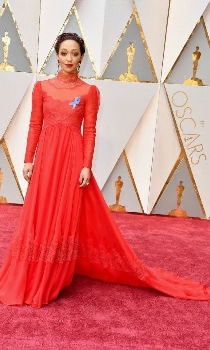 Ruth Negga wore her ribbon on her Valentino gown.
Photo: Getty Images