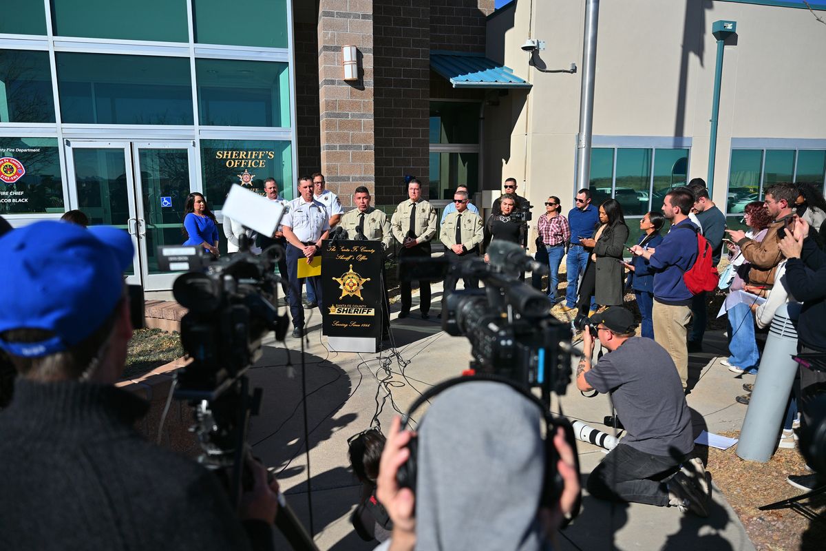 Santa Fe County Sheriff Adan Mendoza (C) speaks during a press conference at the Santa Fe County Sheriff's Office to provide an update on the investigation into the deaths of actor Gene Hackman and his wife Betsy Arakawa on February 28, 2025 in Santa Fe, New Mexico. Hackman and Arakawa were found dead in their home in Santa Fe, New Mexico on February 26, 2025. (Photo by Sam Wasson/Getty Images)