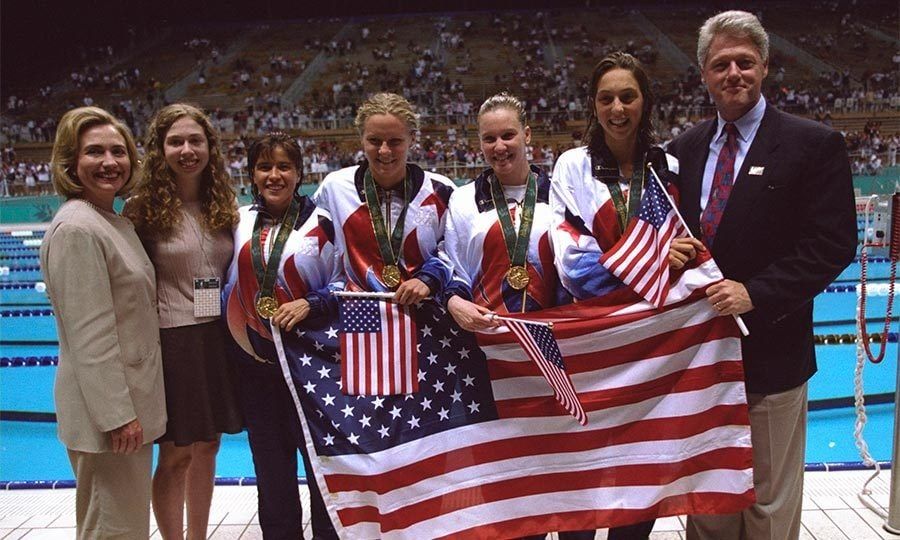 The first family met with the four swimmers who took home gold after winning the women's 4x200m freestyle relay during the 1996 Atlanta Olympics.
Photo: Getty Images