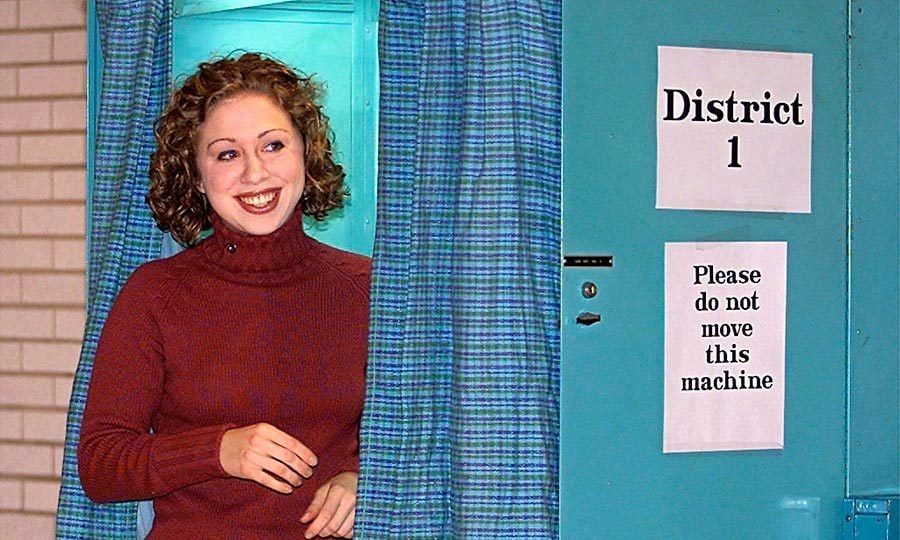 Chelsea couldn't contain her excitement as she exited the voting booth after casting her vote for her mother in the Senate race. The Clintons voted together at the Douglas Grafflin Elementary School in Chappaqua, New York, in 2001.
Photo: Getty Images