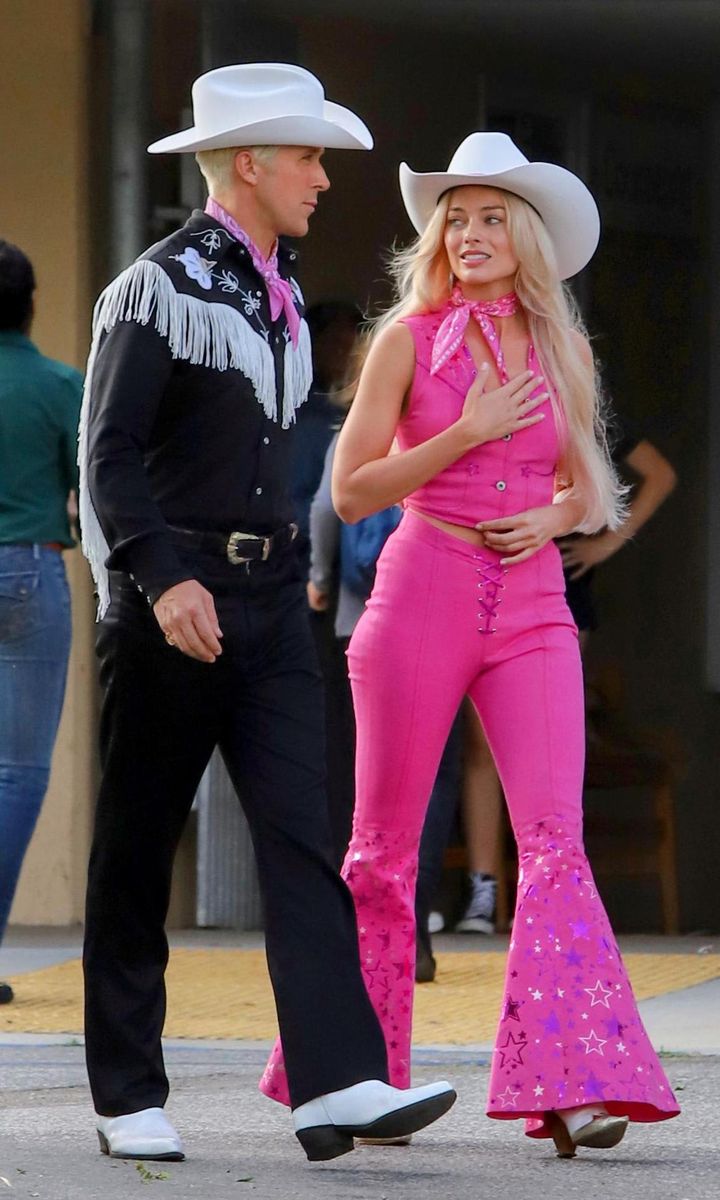 Ryan Gosling and Margot Robbie on the set of "Barbie"