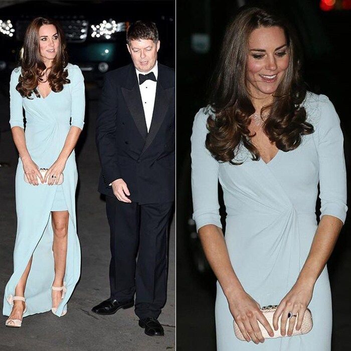 The fashionable royal, who was roughly 12 weeks pregnant at the time in 2014, wore a baby blue Jenny Packham gown and nude L.K. Bennett heels to the Wildlife Photography of the Year awards, held at London's Natural History Museum, of which Kate is a patron.
<br>
Photo: Getty Images