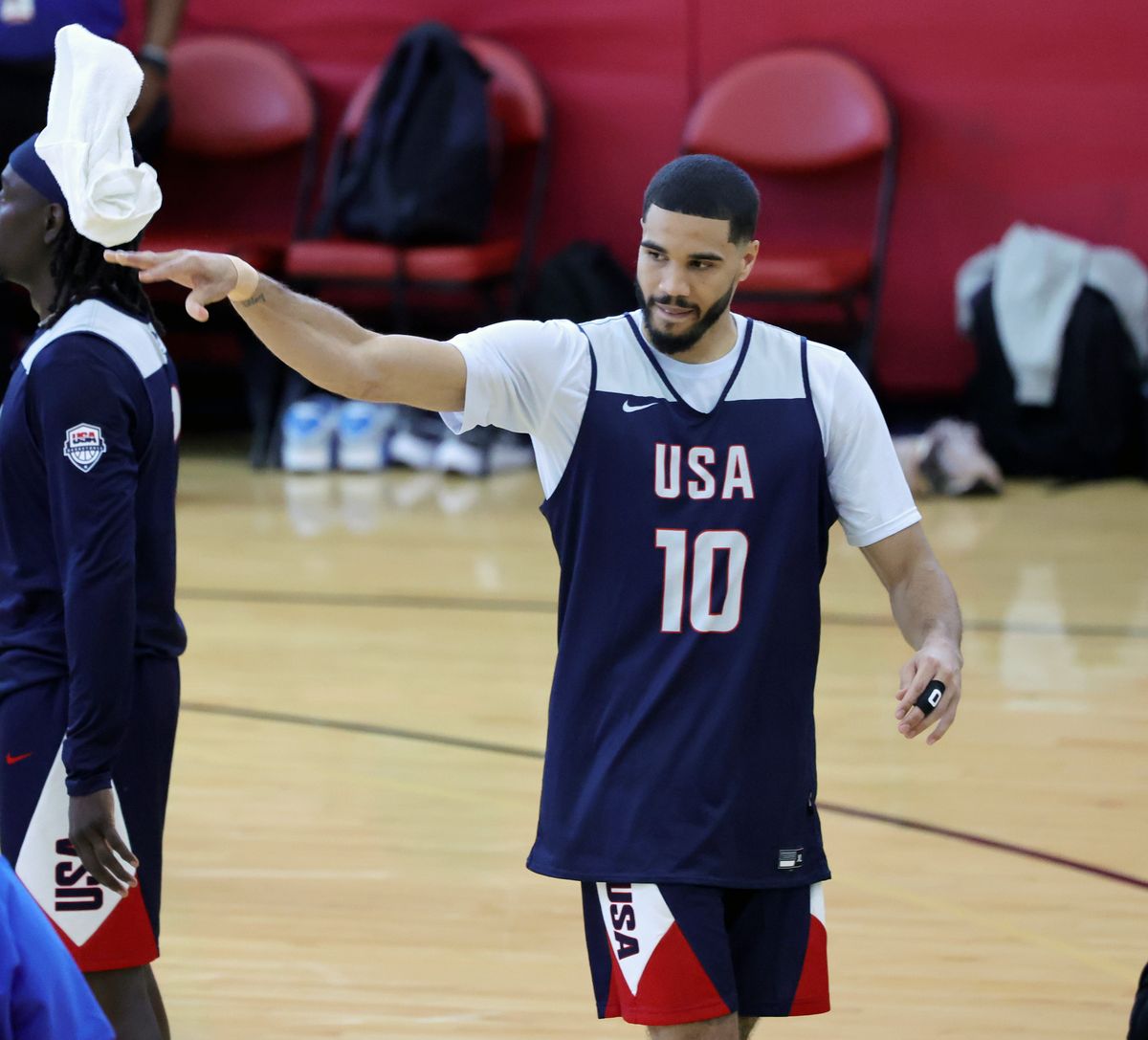 Jayson Tatum, #10 of the 2024 USA Basketball Men's National Team, tosses a towel after a practice session scrimmage against the 2024 USA Basketball Men's Select Team during the team's training camp at the Mendenhall Center at UNLV on July 08, 2024, in Las Vegas, Nevada. 