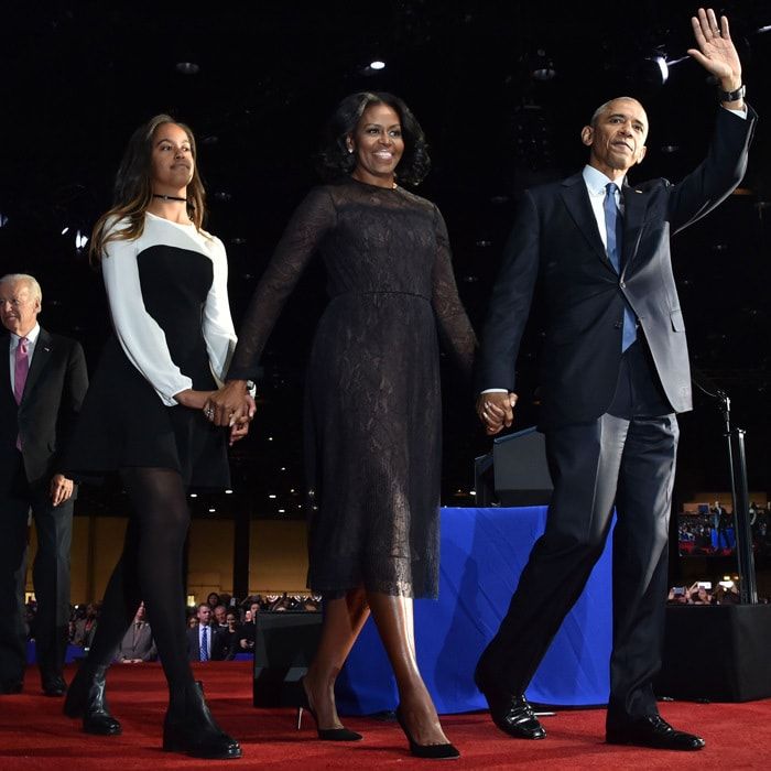 January 2017: The Obamas' eldest child opted for a black-and-white Seraphina dress by Cinq a Sept, which she teamed with tights, booties and a choker necklace for the president's farewell address in Chicago, Illinois.
Photo: NICHOLAS KAMM/AFP/Getty Images