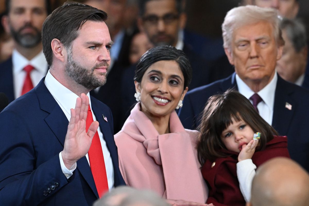 WASHINGTON, DC - JANUARY 20:  J.D. Vance is sworn in as U.S. vice president as his wife Usha Vance and family and President Donald Trump look on in the U.S. Capitol Rotunda on January 20, 2025 in Washington, DC. Donald Trump takes office for his second term as the 47th president of the United States. (Photo by Saul Loeb - Pool/Getty Images)