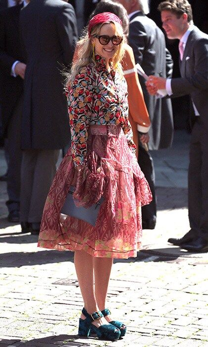 Royal wedding guest Princess Elisabeth von Thurn und Taxis rocked an eclectic look with velvet wedge heels.
Photo: Getty Images