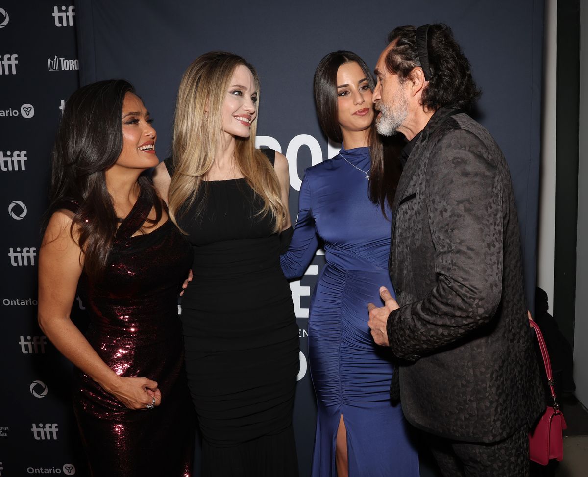 Salma Hayek Pinault, Angelina Jolie, Victoria Aletta, and Demian Bichir attend the premiere of "Without Blood" 