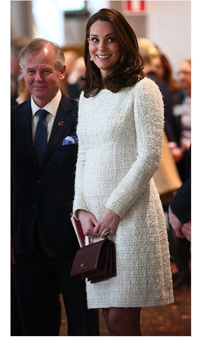 While pregnant with her third child in January 2018, Duchess Kate gave Alexander McQueen a maternity twist while on a royal tour in Sweden. For a visit to Stockholm's Karolinska Institutet, the Duchess wore an elegant white boucle dress from the fashion house.
Photo: Getty Images