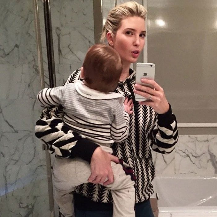 Ivanka showed off her and little Joseph's twinning moment with a mirror selfie.
<br>
Photo: Instagram/@ivankatrump