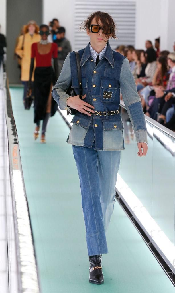Patchwork denim jacket and pants on the Gucci runway