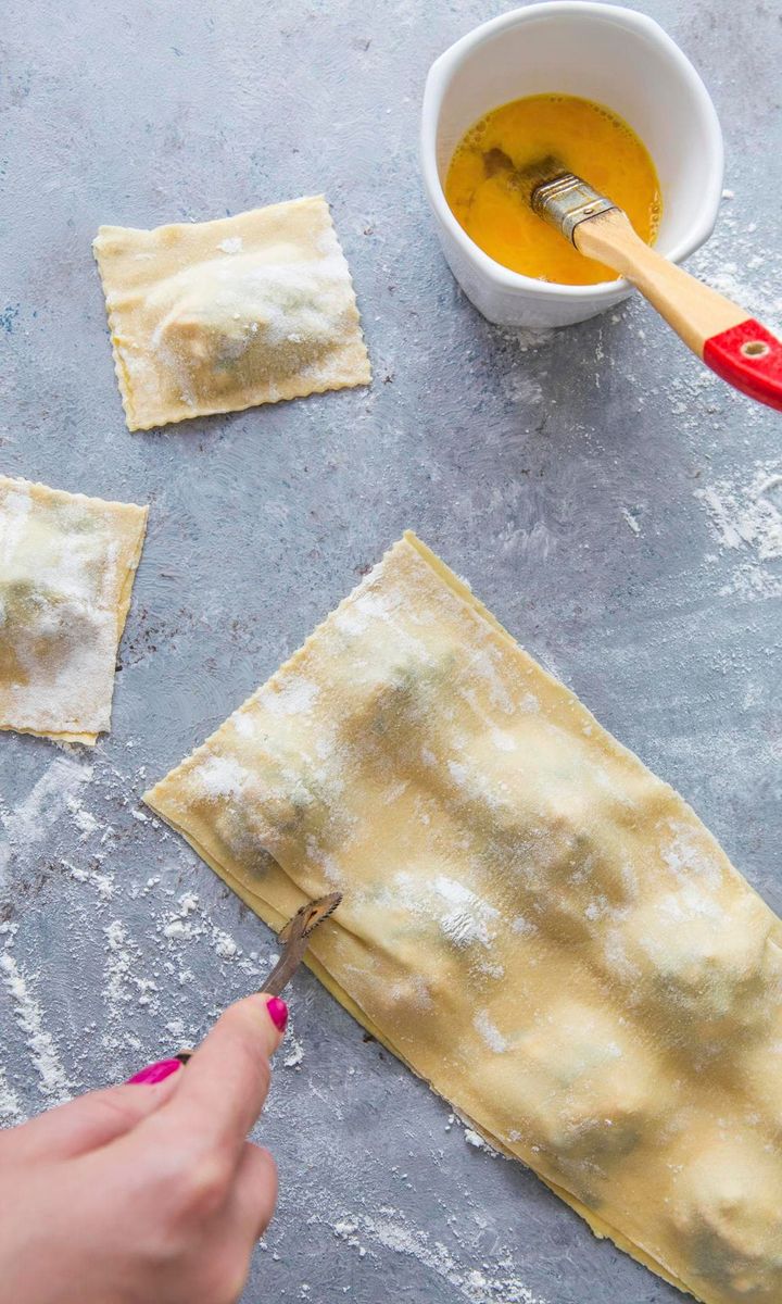 Homemade salmon and spinach ravioli