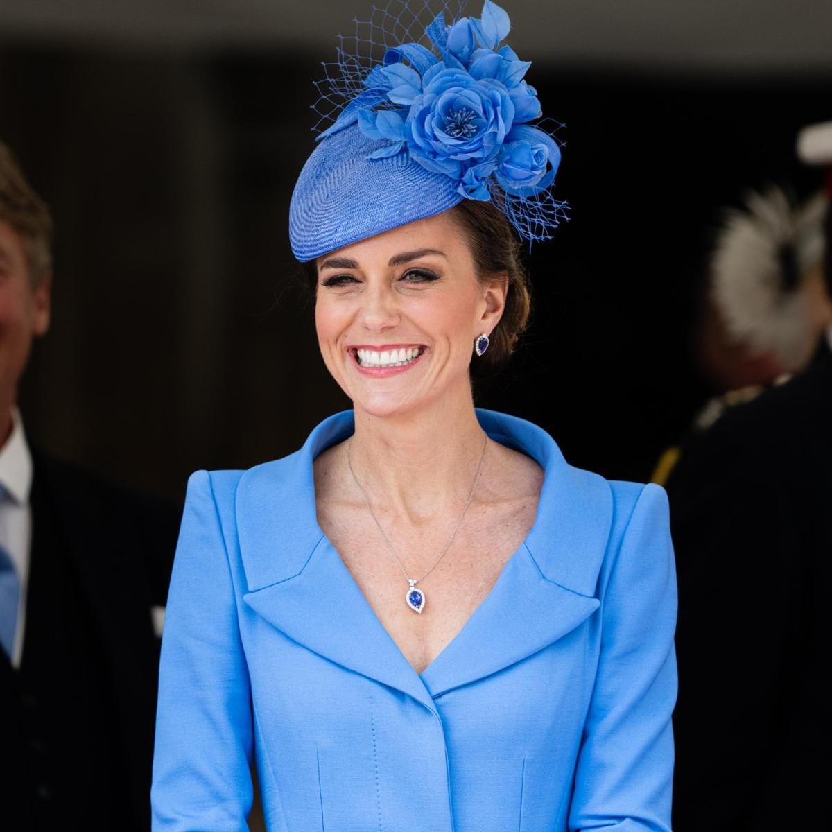 Kate accessorized her radiant look with her G Collins & Sons earrings and matching pendant.