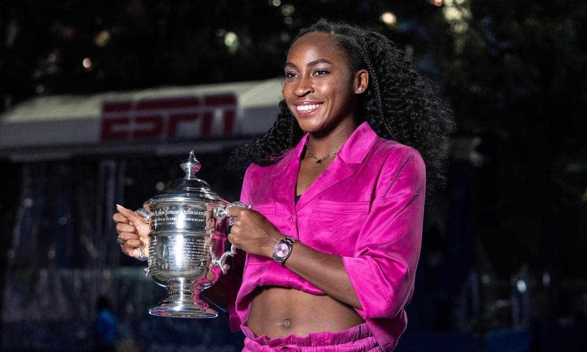 Coco Gauff wearing dress by Ganni, winner of women's