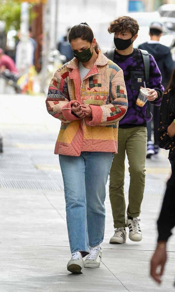 Katie Holmes wearing quilted patchwork jacket