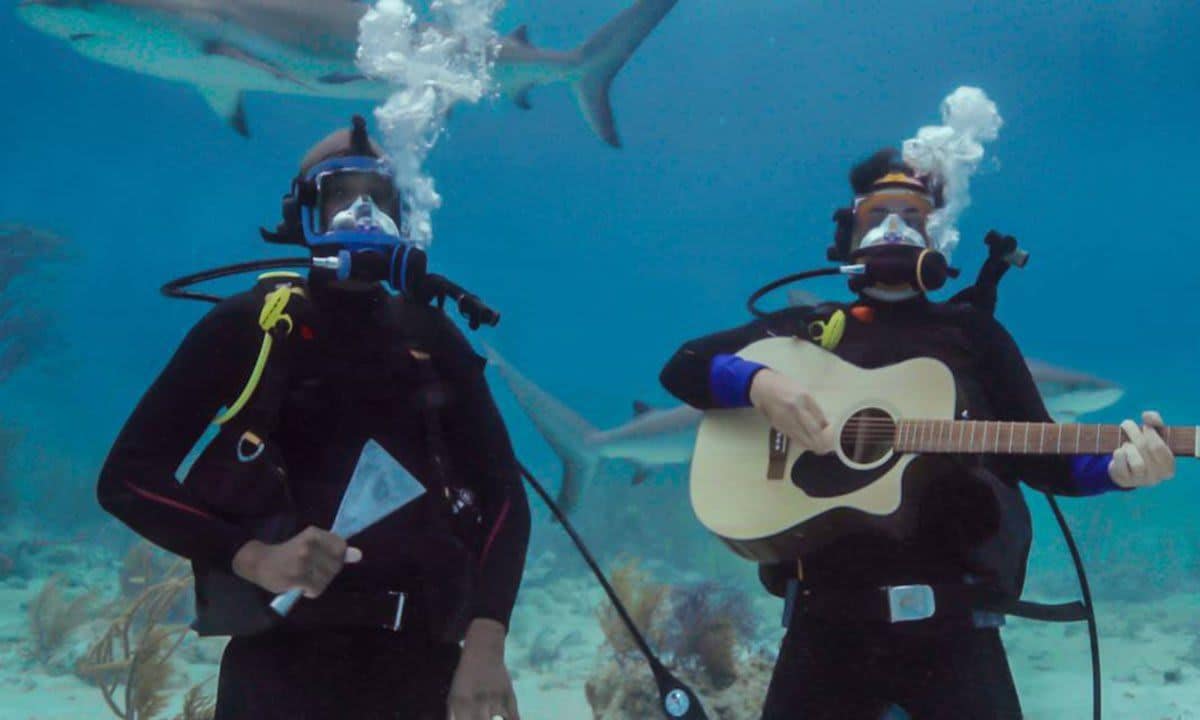 JB Smoove and Brad Paisley swimming with sharks