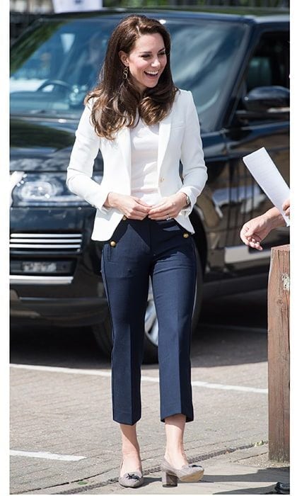 The Duchess of Cambridge wore not one, but two of our fave affordable brands for the 1851 Trust Roadshow in London in June 2017. Dressed in a tailored blazer from <b>Zara</B> and cropped navy blue trousers, Kate accessorized her nautical-inspired look with a pair of block-heeled <b>J Crew</B> shoes.
Photo: Getty Images
