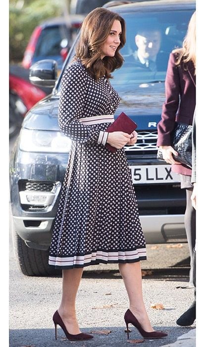 On November 28, the Duchess of Cambridge wore a dress by Kate Spade for an official engagement to the Foundling Museum in central London. Accessorizing with Gianvito Rossi heels and a Mulberry clutch, the pregnant royal turned heads in the vibrant diamond print pleated dress, which is set to hit stores in December.
Photo: Getty Images