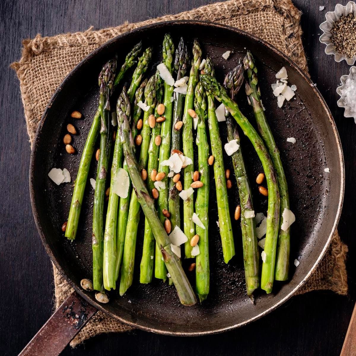 Pan fried asparagus served from the skillet.