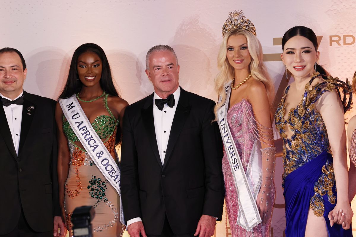 MEXICO CITY, MEXICO - NOVEMBER 16, 2024: (L-R) Miss Nigeria Chidimma Adetshinar, Raul Rocha Cantu, Miss Denmark Victoria KjÃ¦r Theilvig, Anne Jakkapong Jakrajutatip attend a press conference at the 73rd Miss Universe Pageant Competition show at Mexico City Arena.  (Photo credit should read Yamak Perea/ Pixelnews/Future Publishing via Getty Images)